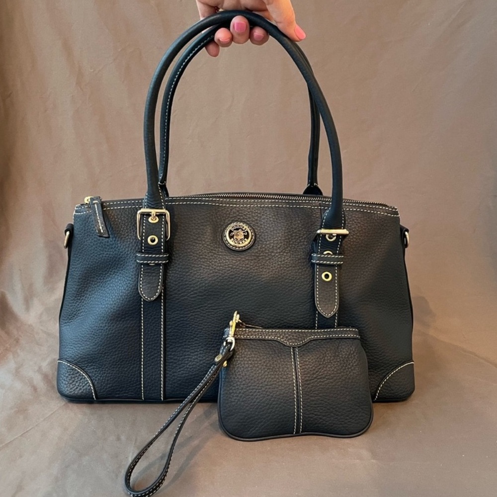 Dooney & Bourke Pebbled Leather Satchel + Wristlet Mint Condition Navy Blur